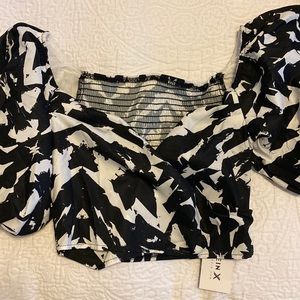 SHEIN print sweetheart neck puff sleeve crop top